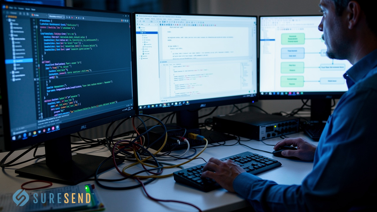 Developer working on complex system integration and API setup