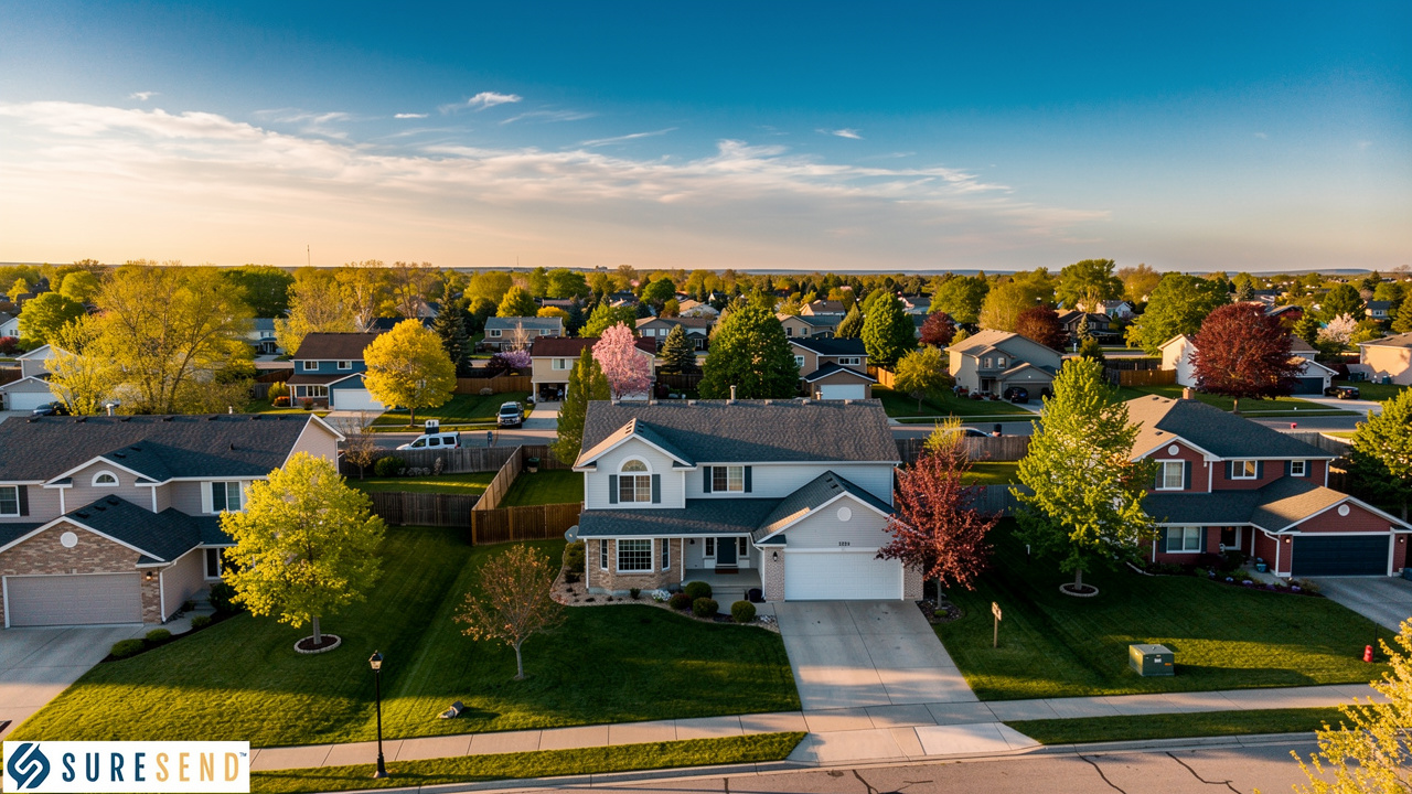 Suburban residential street with homes ideal for market outreach