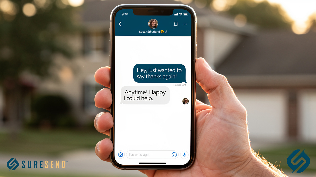 Smartphone displaying friendly text message to past client outdoors