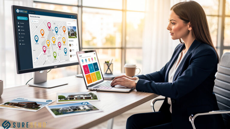 A woman in a blazer works at a desk with a laptop and a large monitor displaying a map with location pins, while printed photos of houses sit on the desk.