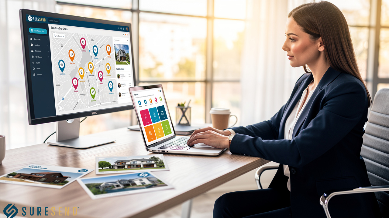 A woman in a blazer works at a desk with a laptop and a large monitor displaying a map with location pins, while printed photos of houses sit on the desk.