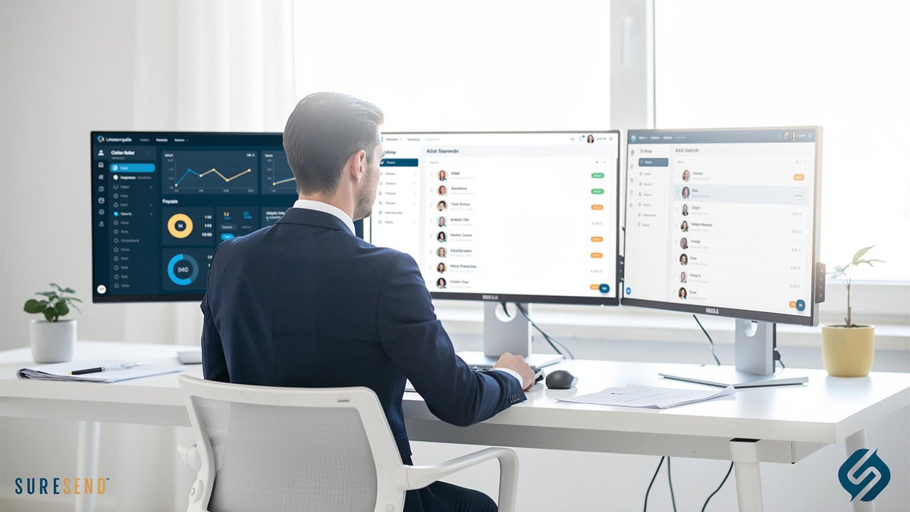 A man in a suit working at a desk with three computer monitors displaying data dashboards and contact lists.