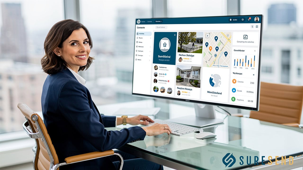 A woman in a blazer sits at a desk looking over her shoulder at a computer monitor displaying a business dashboard.