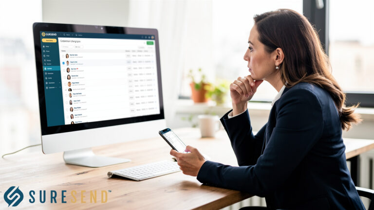 A professional woman sitting at a desk looking at a computer screen displaying the Sursend dashboard while holding a smartphone.