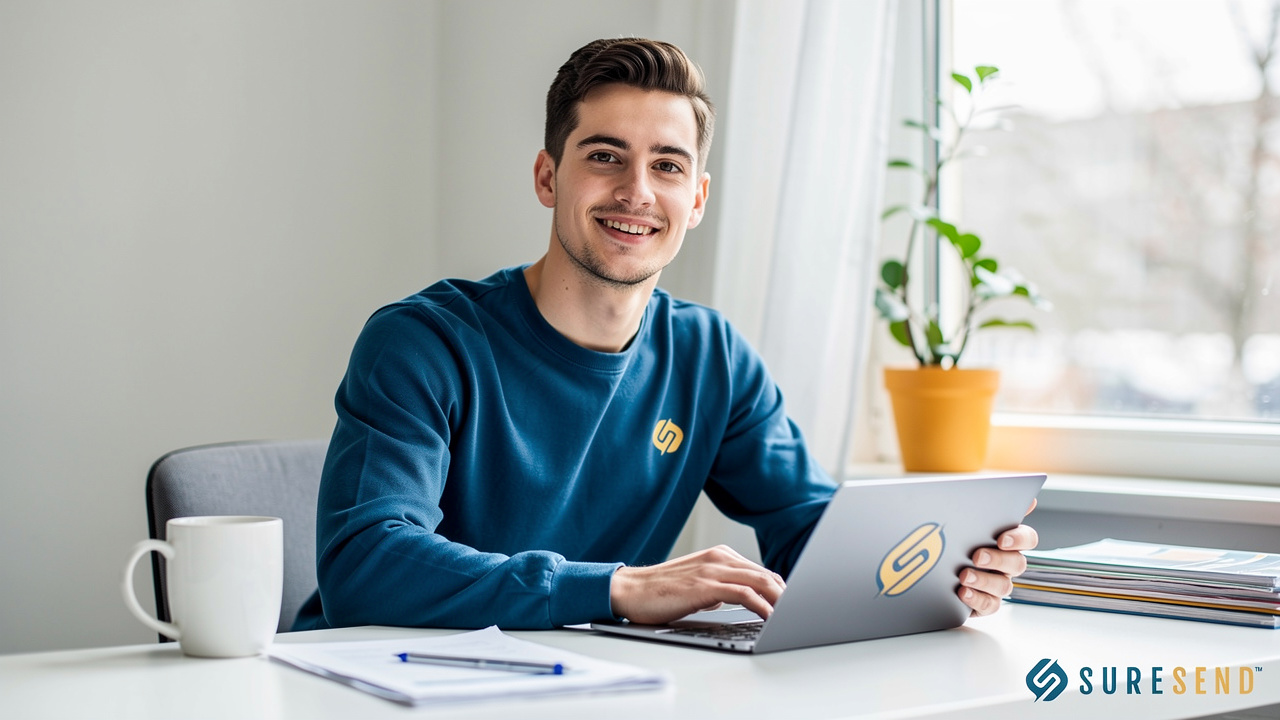 A man in a blue sweatshirt smiles while working on a laptop at a desk with a coffee mug and papers.