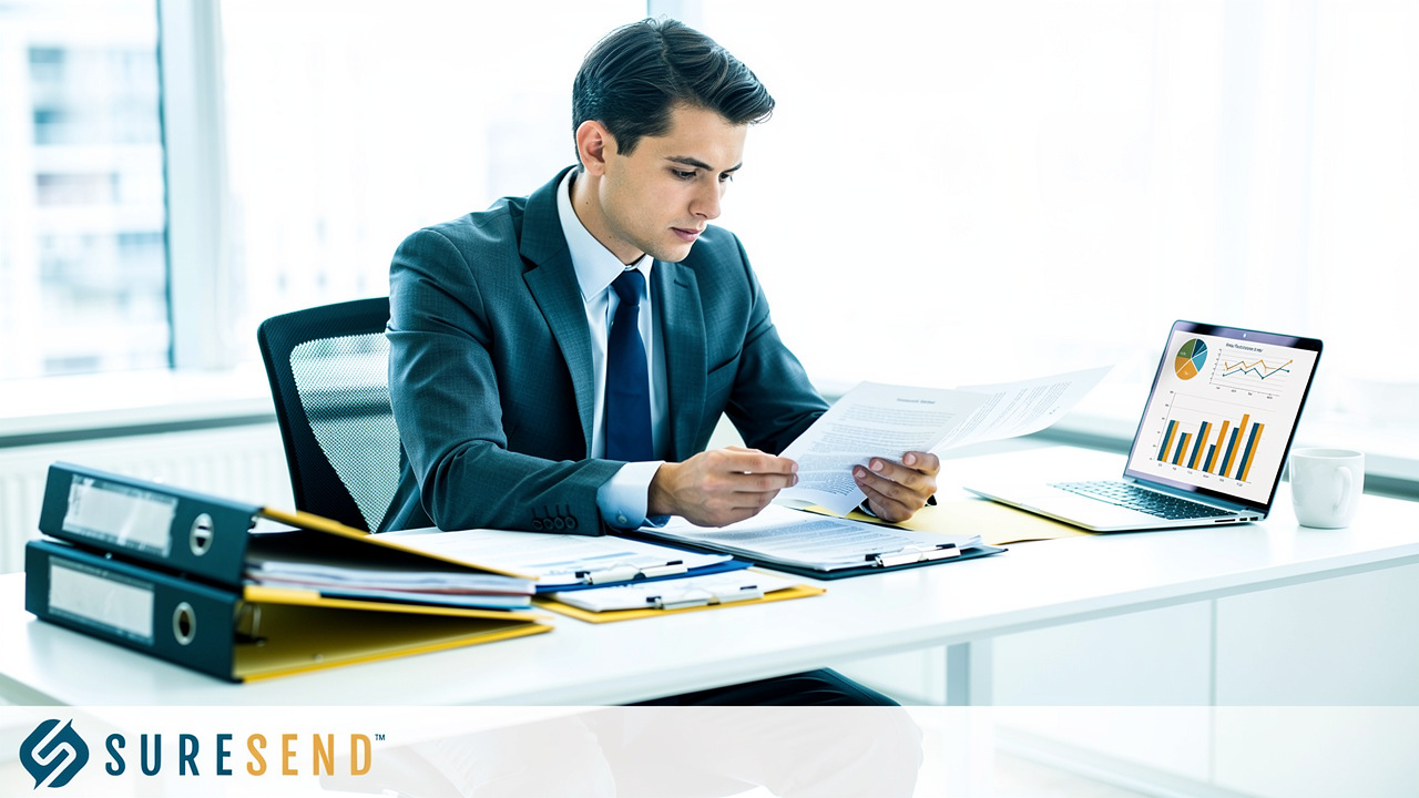 A professional in a suit reviews documents at a desk next to a laptop displaying business charts.