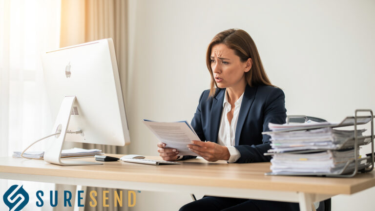 A woman in a blazer sits at a desk looking concerned while holding a document and looking at a computer monitor next to a large stack of paperwork.