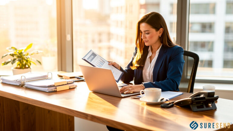 A woman in a blazer sitting at an office desk while reviewing a document and using a laptop.
