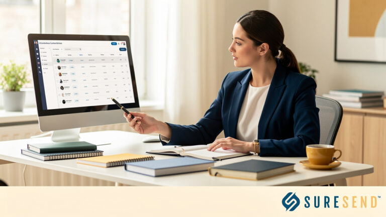 A woman in a navy blazer points at a computer screen showing a data table at her desk.