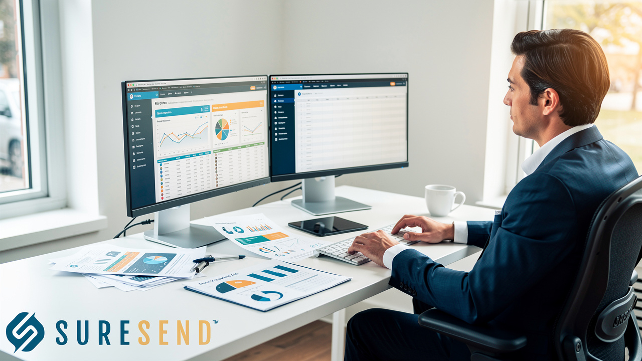 A person in a suit works at a desk with two computer monitors displaying data charts and a tablet, with printed graphs spread across the workspace.