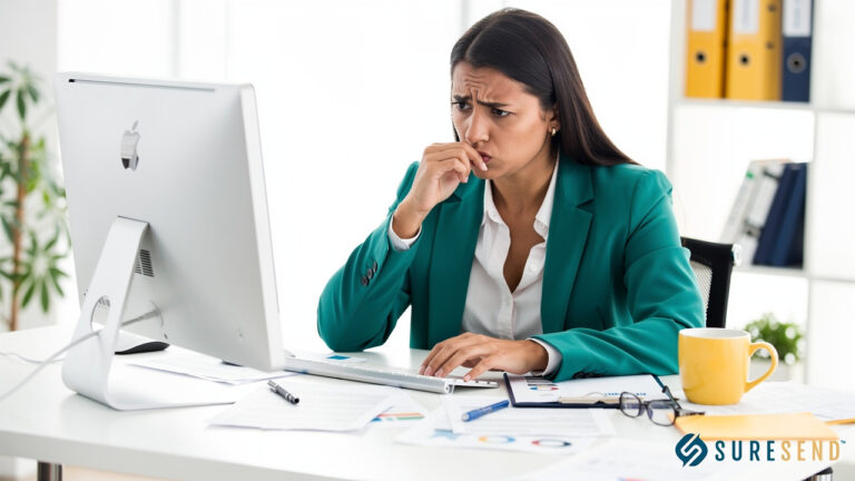 A woman in a teal blazer sits at a desk, looking concerned while typing on a computer.