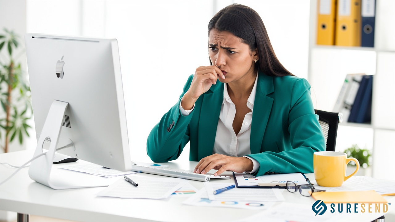 A woman in a teal blazer sits at a desk, looking concerned while typing on a computer.