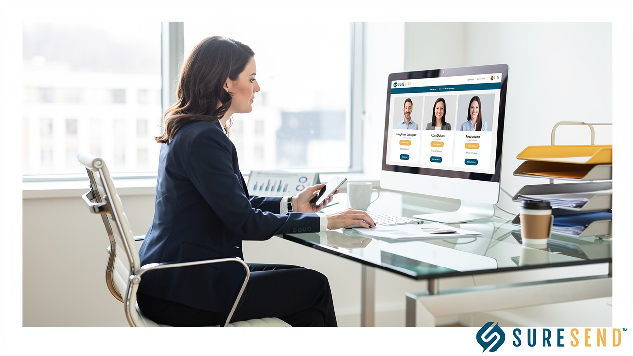 A woman in a blazer sits at a desk using a computer that displays a website featuring employee profiles for SureSend.