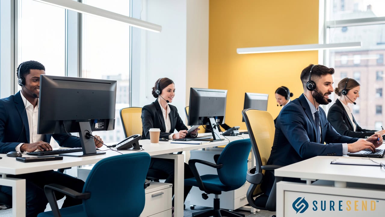 Team of real estate agents coordinating calls using integrated CRM system