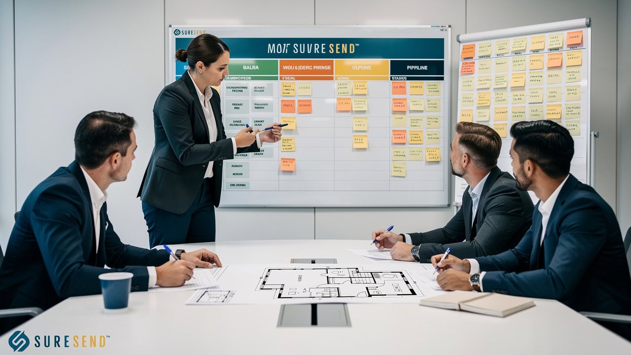 Real estate team reviewing CRM pipeline stages together