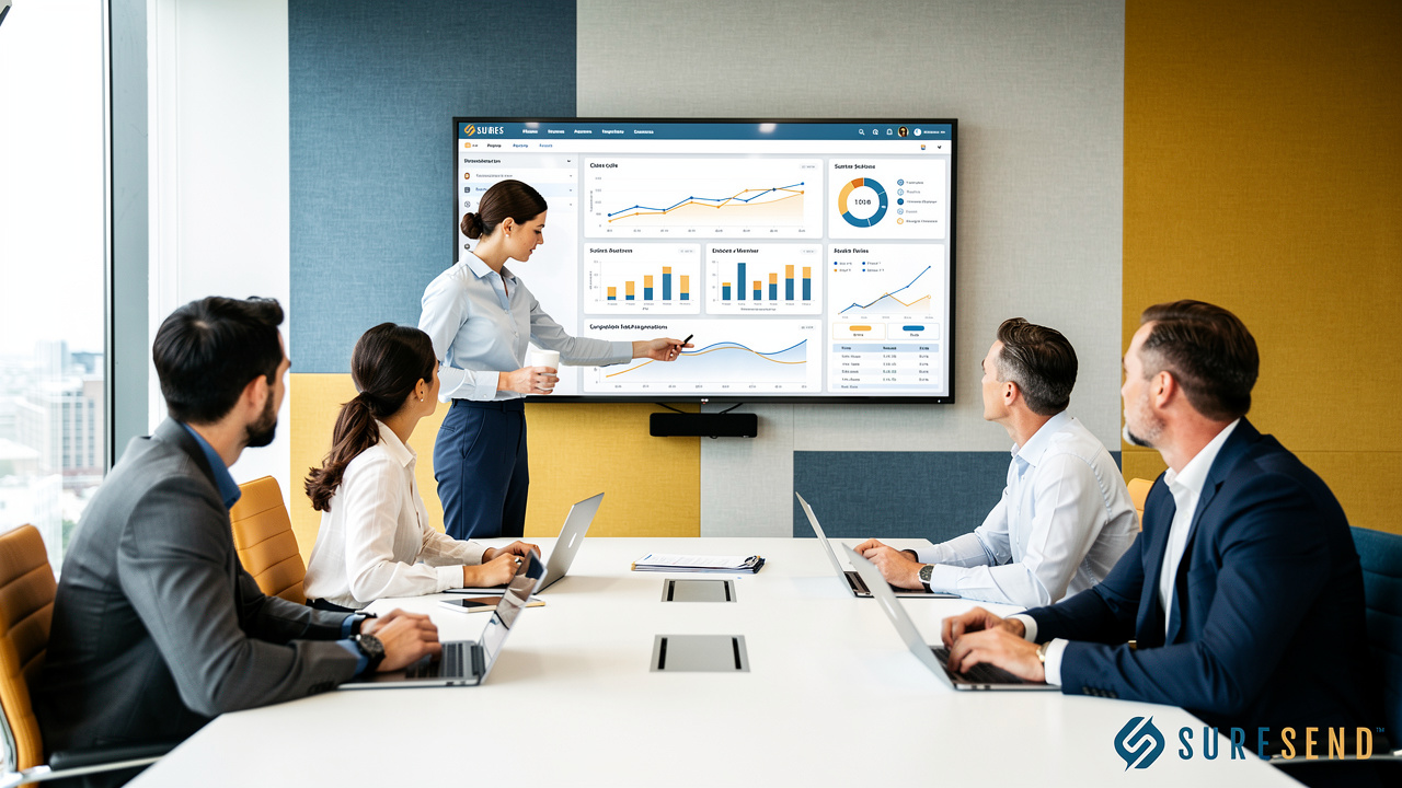 Sales team collaborating around integrated CRM and email data displays